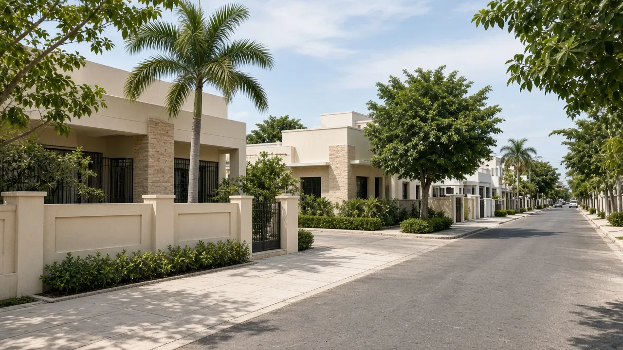 Calle residencial arbolada en Altabrisa, Mérida
