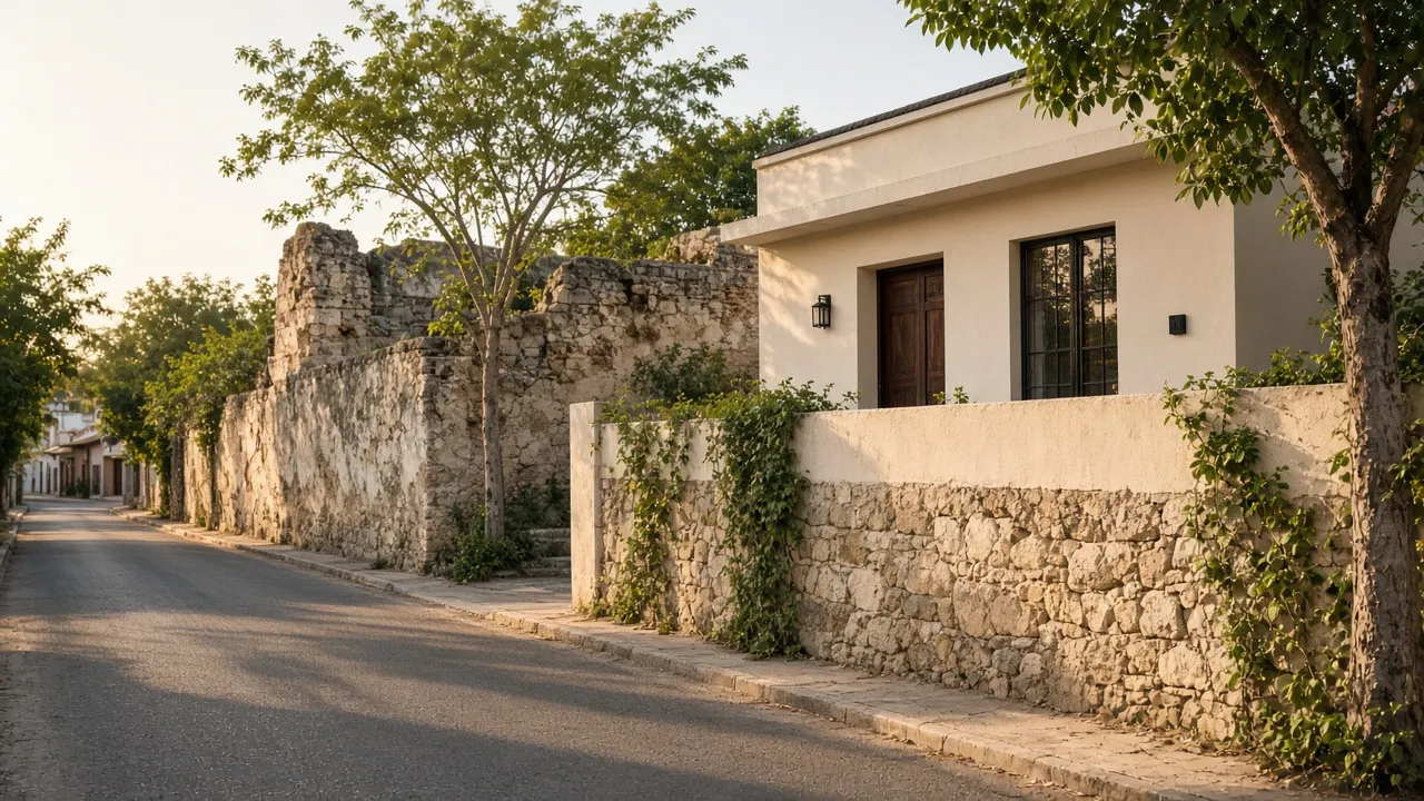 Calle de Cholul con una casa nueva junto a un muro de piedra